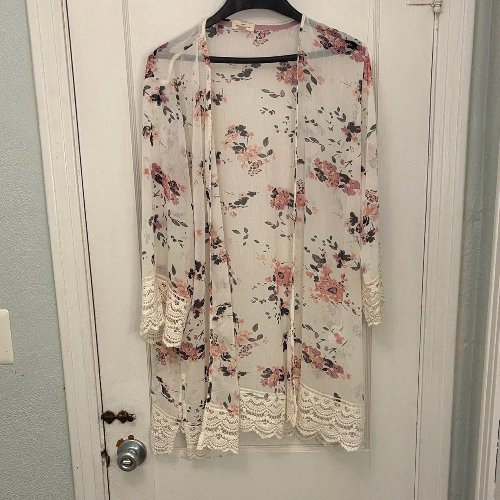 Floral Sheer Kimono with Lace Trim - Picture 1 of 5